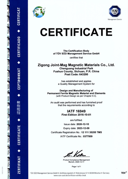 China JOINT-MAG Magnetic Materials Co., Ltd. Zigong certification